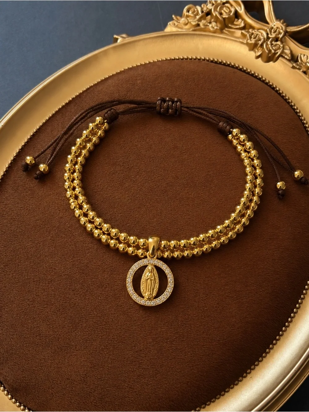 Gold Virgin Mary Charm Beaded Bracelet - Women's Religious Jewelry